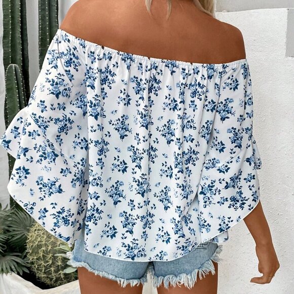 Multicolor Boho Women's Style floral Printed Off-Shoulder Shirt blouse - Picture 2 of 6